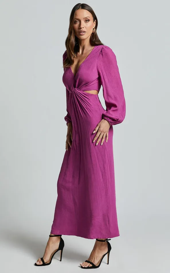 Showpo Harriet Midi Dress 8211 Blouson Sleeve Cut Out Dress In Mulberry Women Dresses
