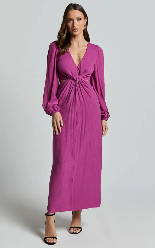 Showpo Harriet Midi Dress 8211 Blouson Sleeve Cut Out Dress In Mulberry Women Dresses
