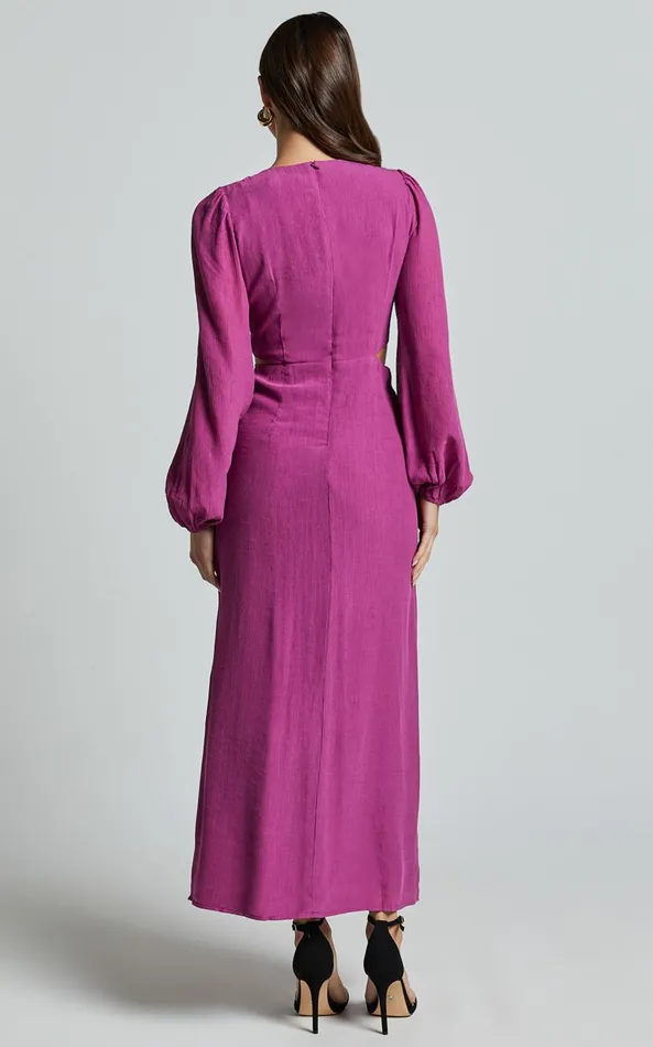 Showpo Harriet Midi Dress 8211 Blouson Sleeve Cut Out Dress In Mulberry Women Dresses