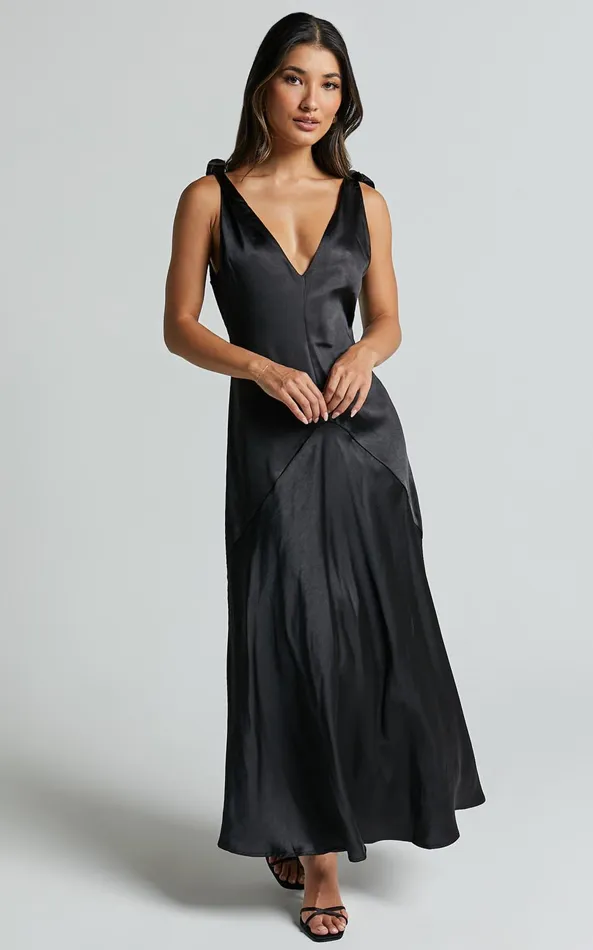 Showpo Hart Midi Dress 8211 Tie Shoulder Plunge Satin Dress In Black Women Dresses Showpo Hart Midi Dress 8211 Tie Shoulder Plunge Satin Dress In Black Women Dresses