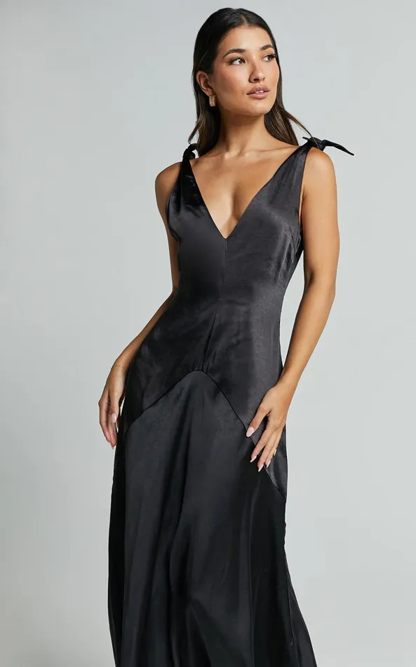 Showpo Hart Midi Dress 8211 Tie Shoulder Plunge Satin Dress In Black Women Dresses