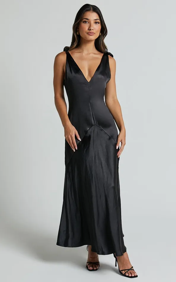 Showpo Hart Midi Dress 8211 Tie Shoulder Plunge Satin Dress In Black Women Dresses