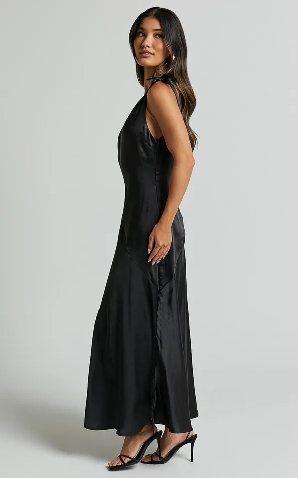 Showpo Hart Midi Dress 8211 Tie Shoulder Plunge Satin Dress In Black Women Dresses