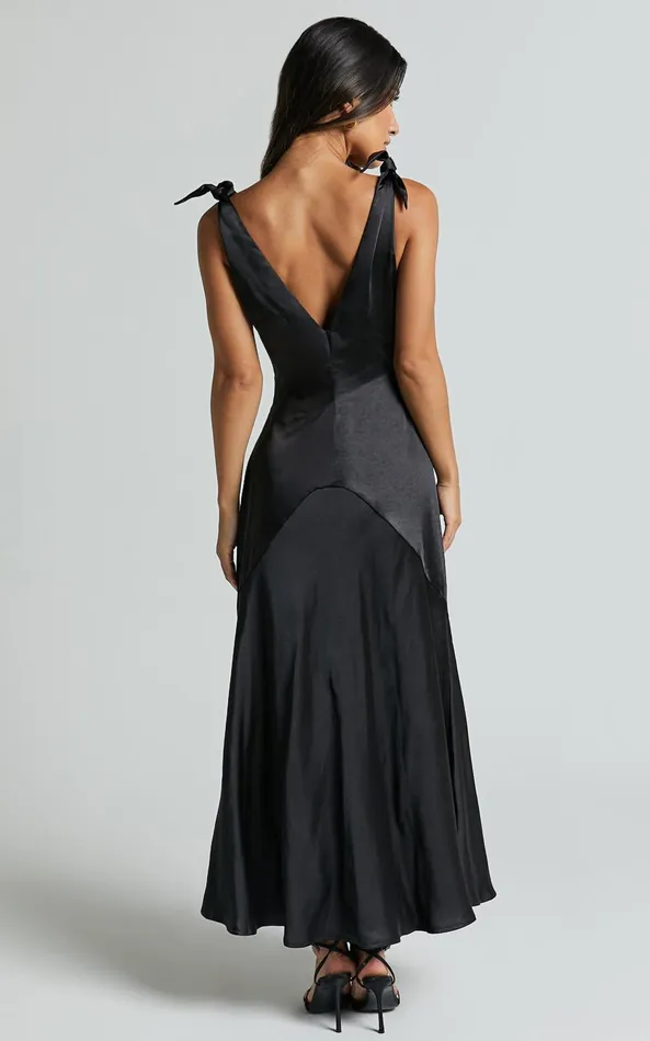 Showpo Hart Midi Dress 8211 Tie Shoulder Plunge Satin Dress In Black Women Dresses