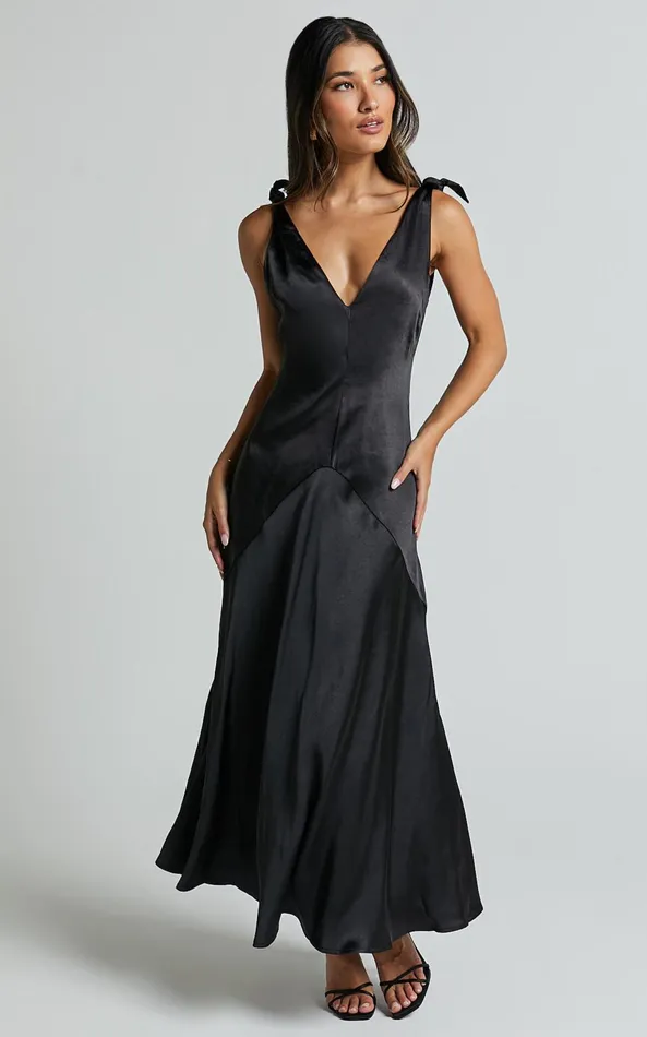 Showpo Hart Midi Dress 8211 Tie Shoulder Plunge Satin Dress In Black Women Dresses