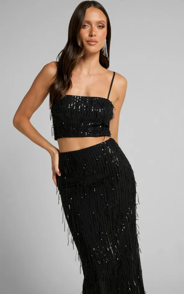 Showpo Harue Top 8211 Tassel Sequin Crop Top In Black Women Tops