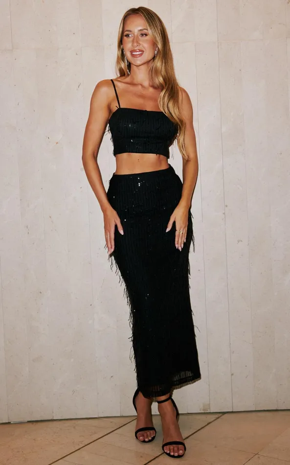 Showpo Harue Top 8211 Tassel Sequin Crop Top In Black Women Tops