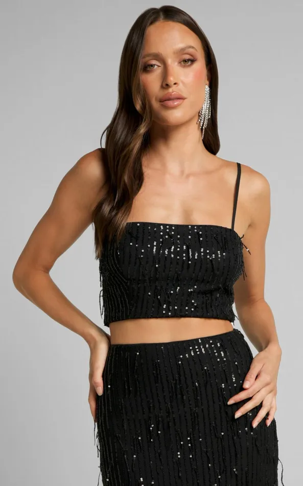 Showpo Harue Top 8211 Tassel Sequin Crop Top In Black Women Tops