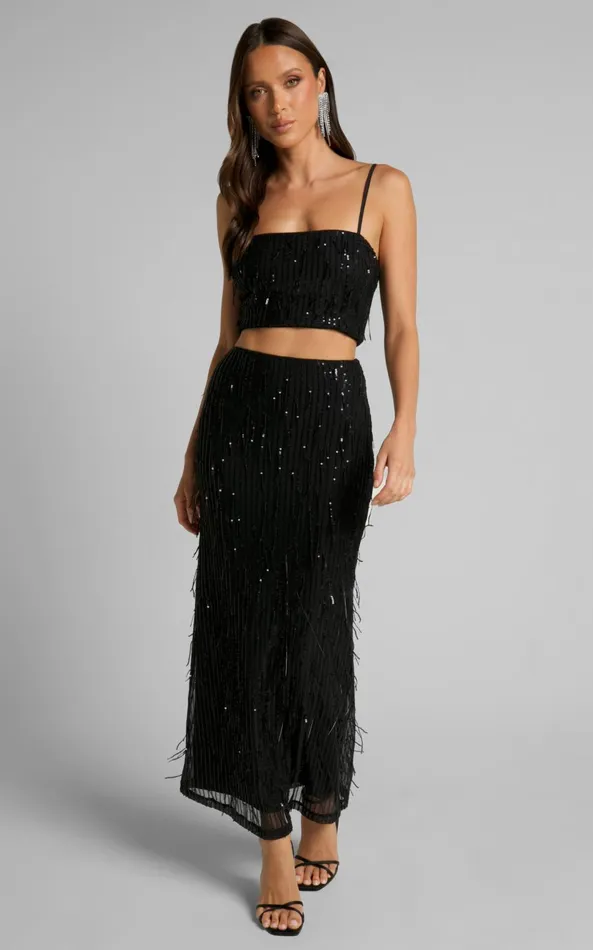 Showpo Harue Top 8211 Tassel Sequin Crop Top In Black Women Tops
