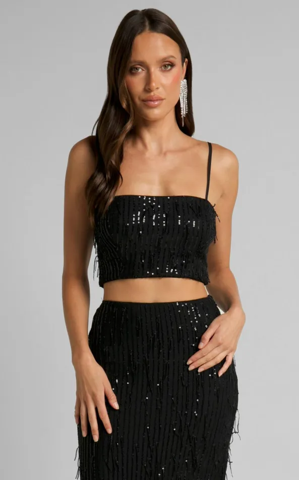 Showpo Harue Top 8211 Tassel Sequin Crop Top In Black Women Tops
