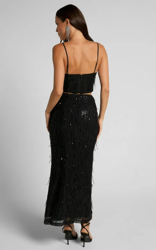 Showpo Harue Top 8211 Tassel Sequin Crop Top In Black Women Tops