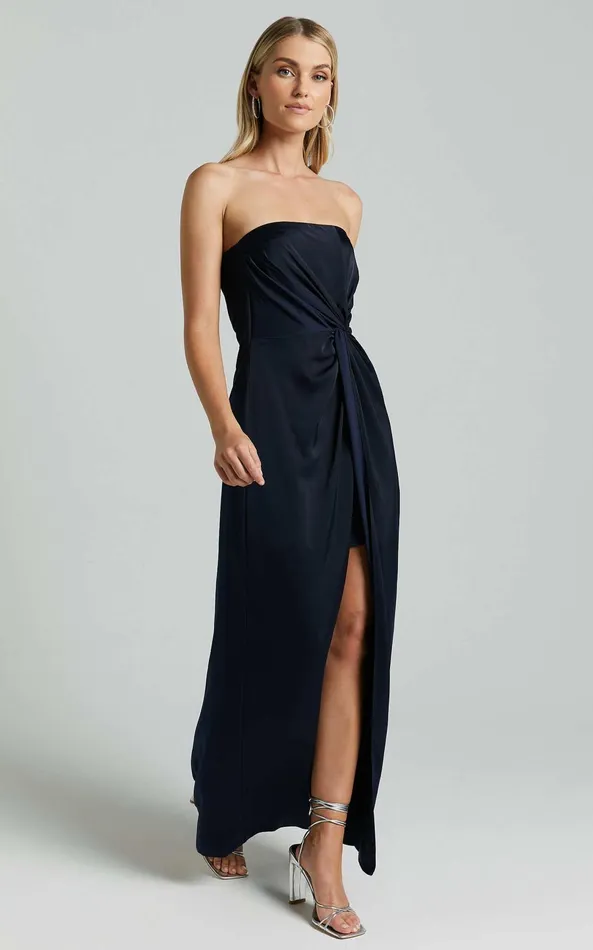 Showpo Hathaway Maxi Dress 8211 Strapless Straight Neck Twist Front Split In Navy Women Curve Clothes