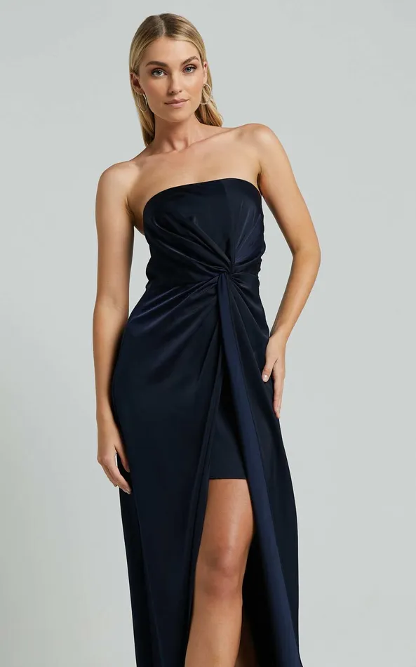 Showpo Hathaway Maxi Dress 8211 Strapless Straight Neck Twist Front Split In Navy Women Curve Clothes