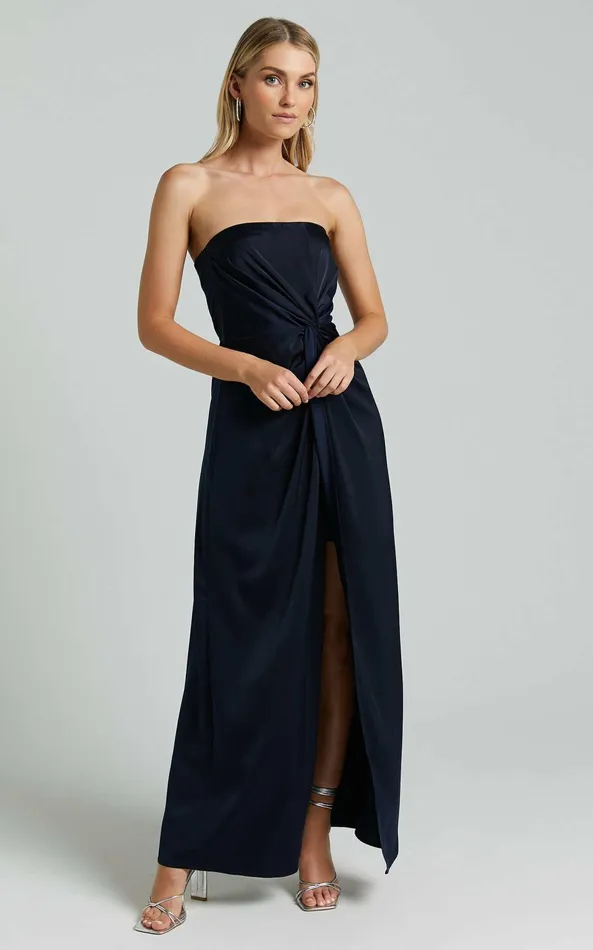 Showpo Hathaway Maxi Dress 8211 Strapless Straight Neck Twist Front Split In Navy Women Curve Clothes