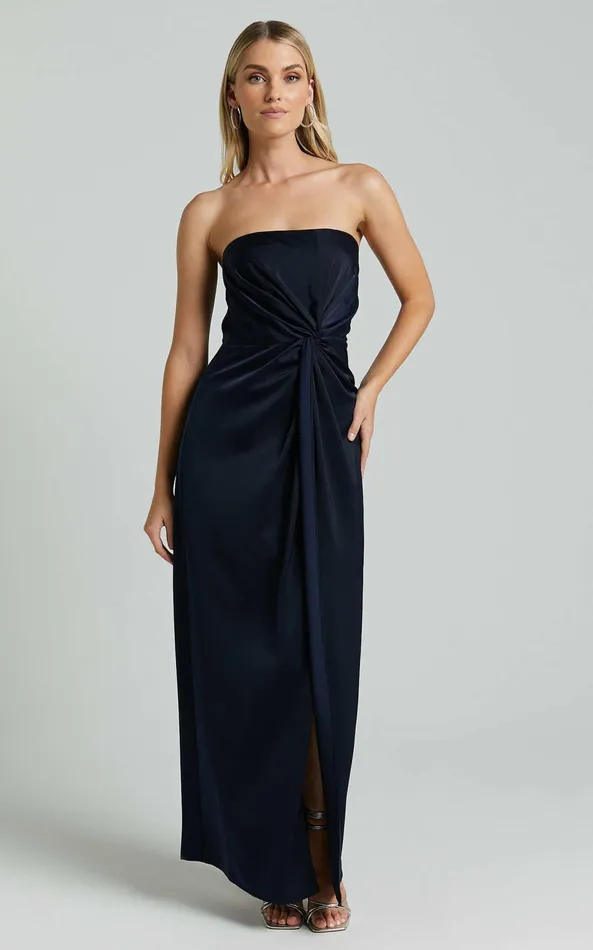 Showpo Hathaway Maxi Dress 8211 Strapless Straight Neck Twist Front Split In Navy Women Curve Clothes