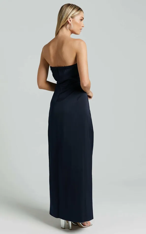 Showpo Hathaway Maxi Dress 8211 Strapless Straight Neck Twist Front Split In Navy Women Curve Clothes
