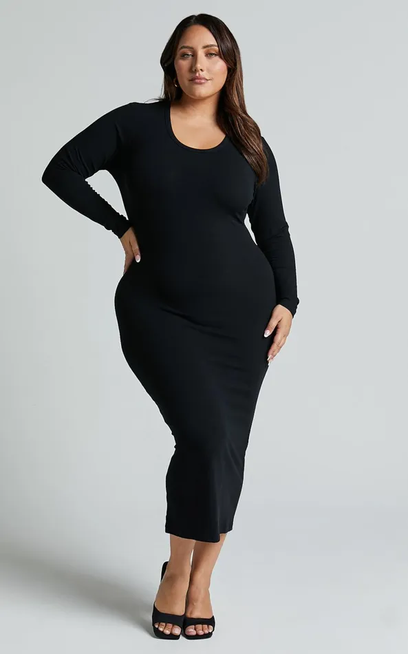 Showpo Hawkins Midi Dress 8211 Long Sleeve Bodycon Dress In Black Women Curve Clothes
