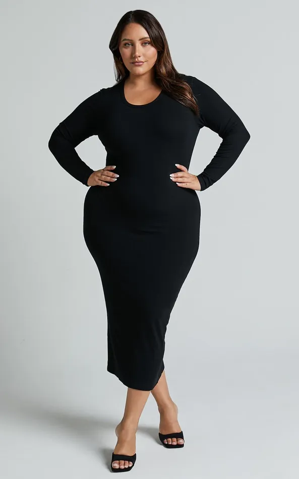 Showpo Hawkins Midi Dress 8211 Long Sleeve Bodycon Dress In Black Women Curve Clothes