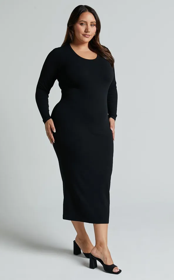 Showpo Hawkins Midi Dress 8211 Long Sleeve Bodycon Dress In Black Women Curve Clothes