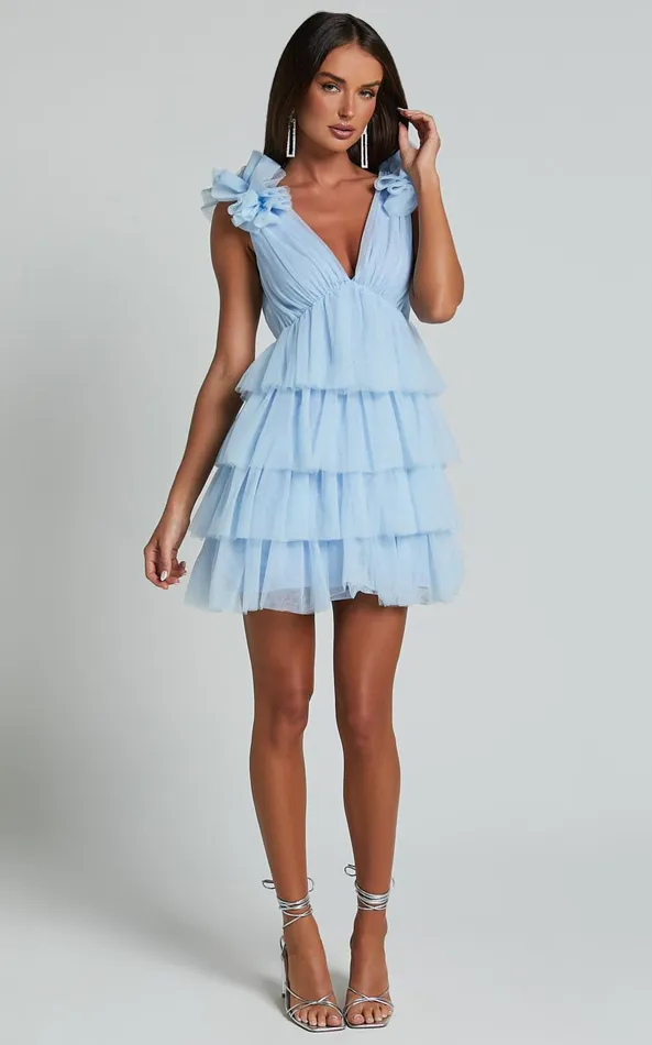 Showpo Hayden Mini Dress 8211 Low Back Tulle Tiered Dress In Light Blue Women Dresses