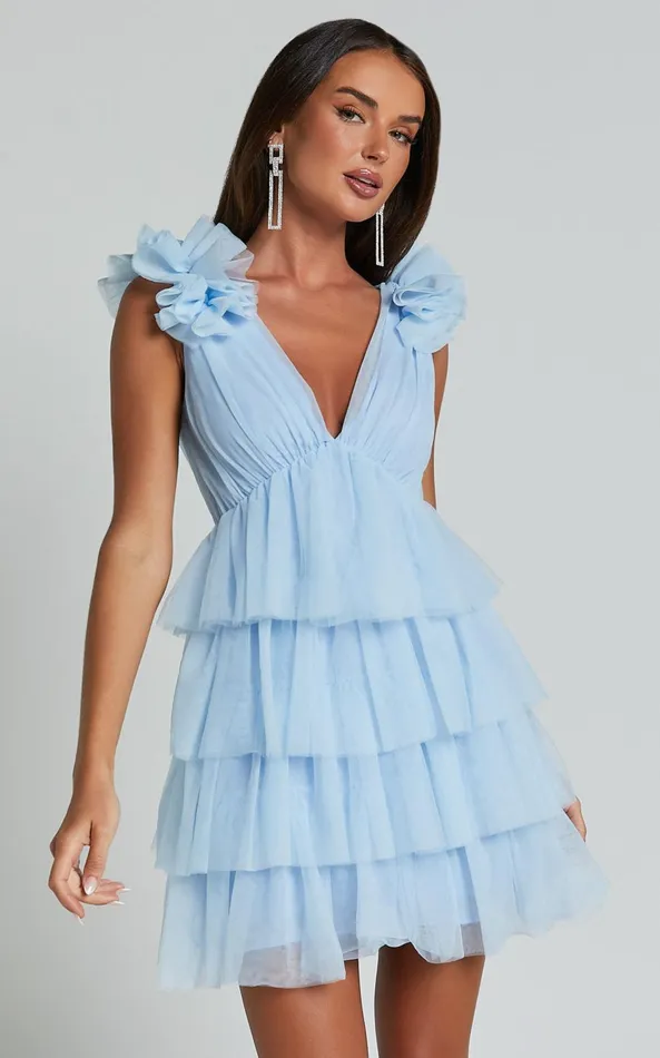 Showpo Hayden Mini Dress 8211 Low Back Tulle Tiered Dress In Light Blue Women Dresses