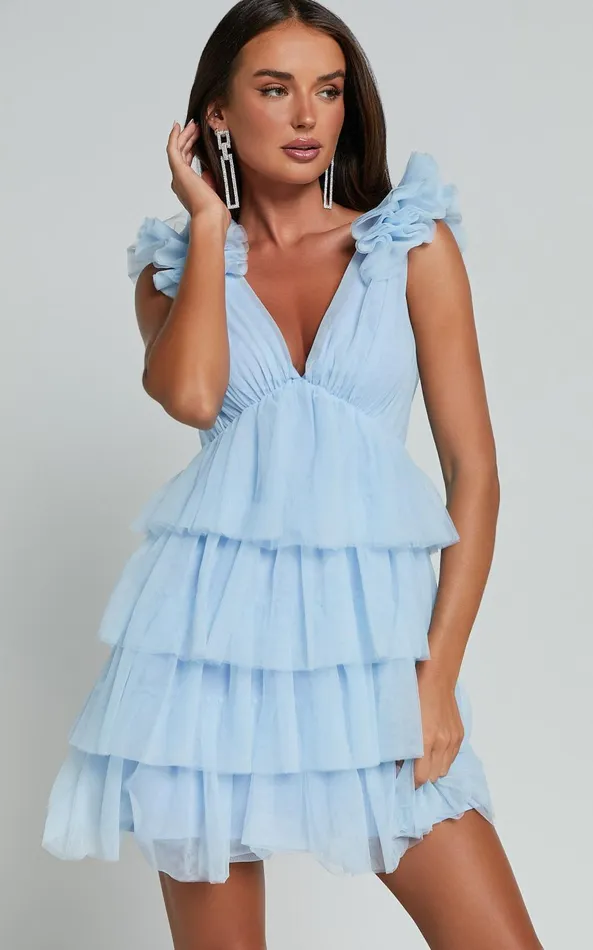 Showpo Hayden Mini Dress 8211 Low Back Tulle Tiered Dress In Light Blue Women Dresses