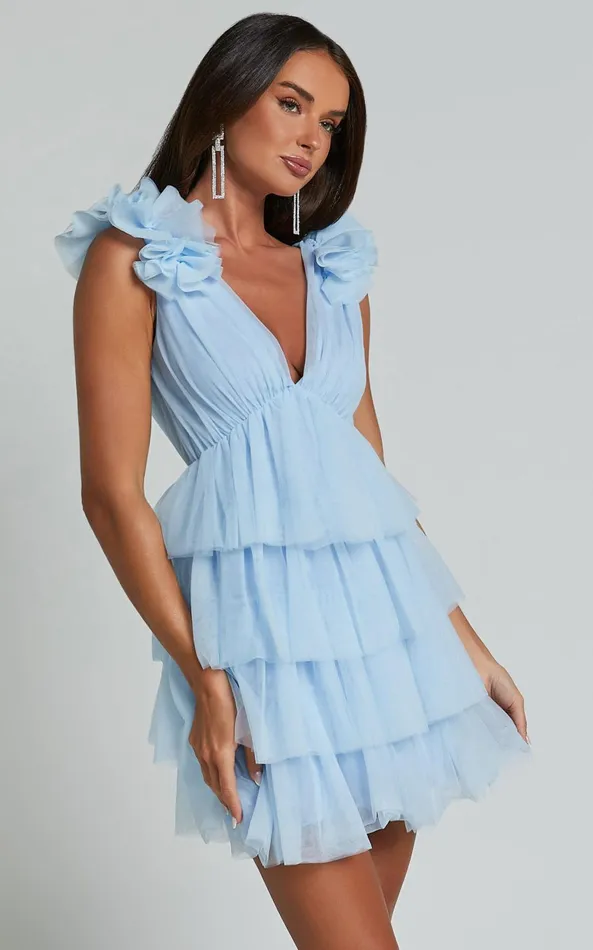 Showpo Hayden Mini Dress 8211 Low Back Tulle Tiered Dress In Light Blue Women Dresses