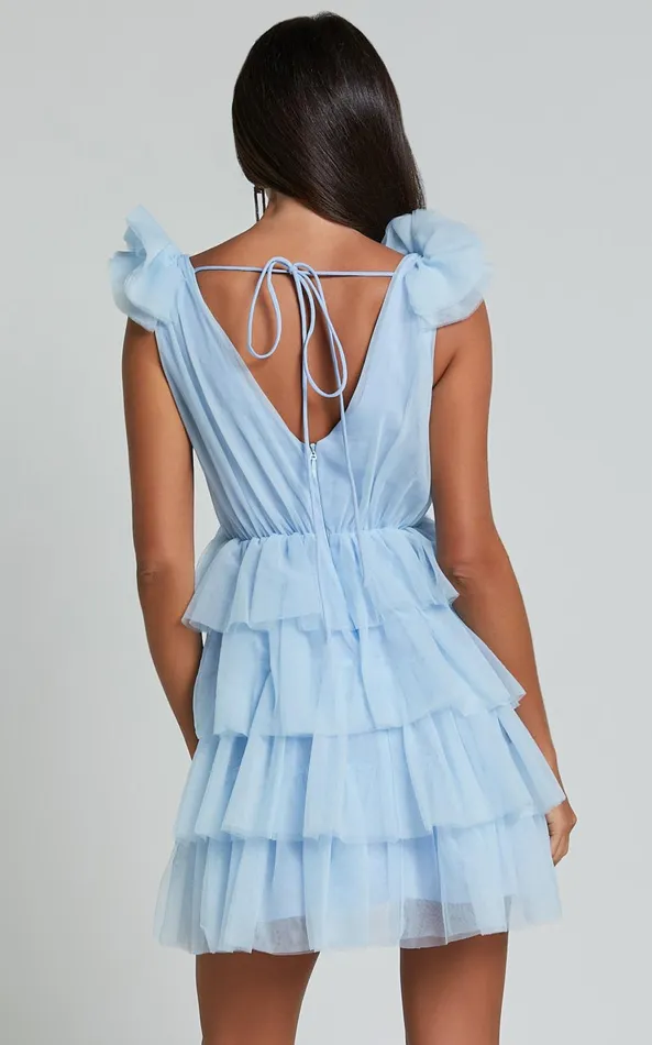 Showpo Hayden Mini Dress 8211 Low Back Tulle Tiered Dress In Light Blue Women Dresses