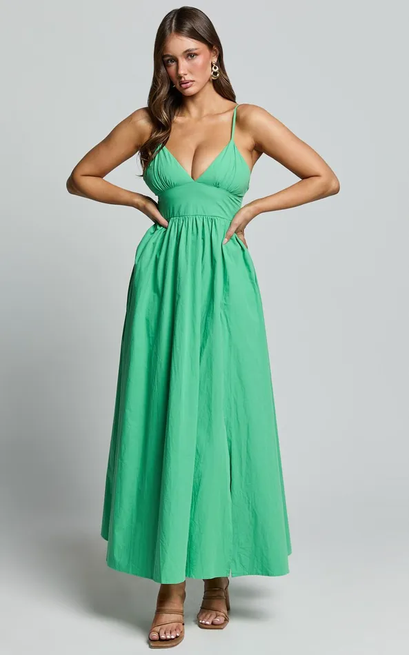 Showpo Haydie Maxi Dress 8211 V Neck Thigh Split Dress In Green Women Dresses