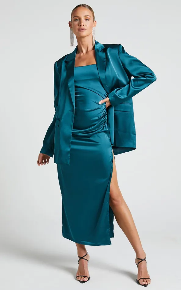 Showpo Hayien Blazer 8211 Single Breasted Longline Satin Blazer In Teal Women Jackets and Coats