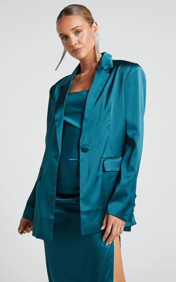 Showpo Hayien Blazer 8211 Single Breasted Longline Satin Blazer In Teal Women Jackets and Coats