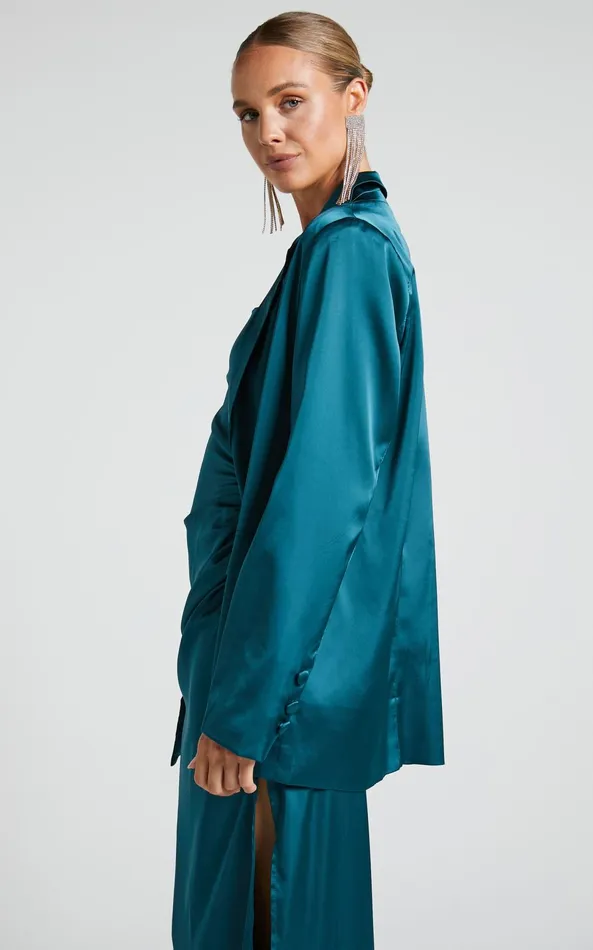Showpo Hayien Blazer 8211 Single Breasted Longline Satin Blazer In Teal Women Jackets and Coats