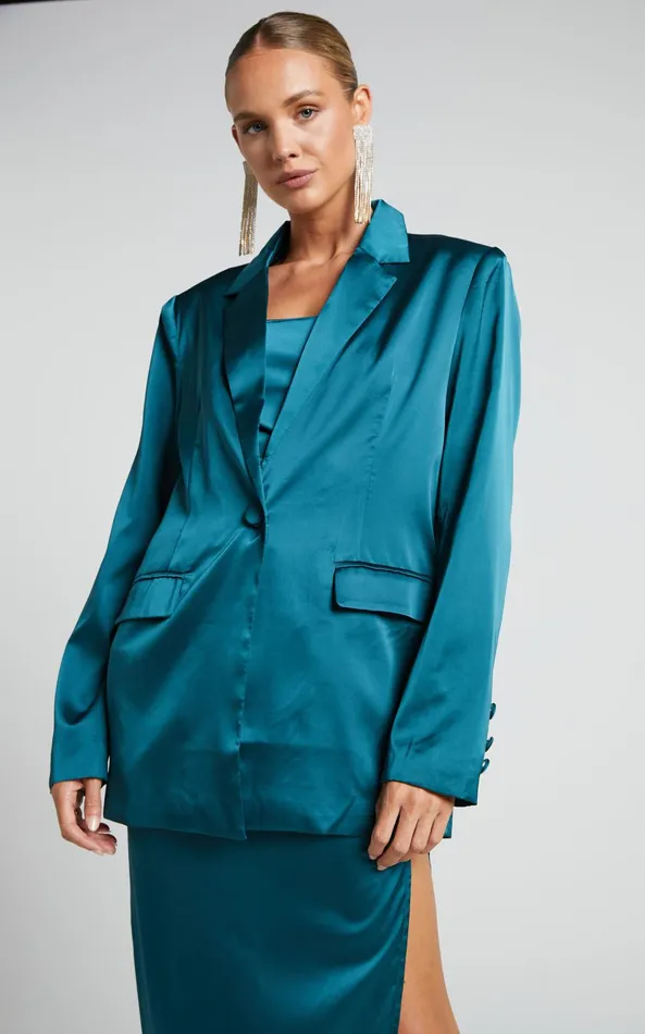 Showpo Hayien Blazer 8211 Single Breasted Longline Satin Blazer In Teal Women Jackets and Coats