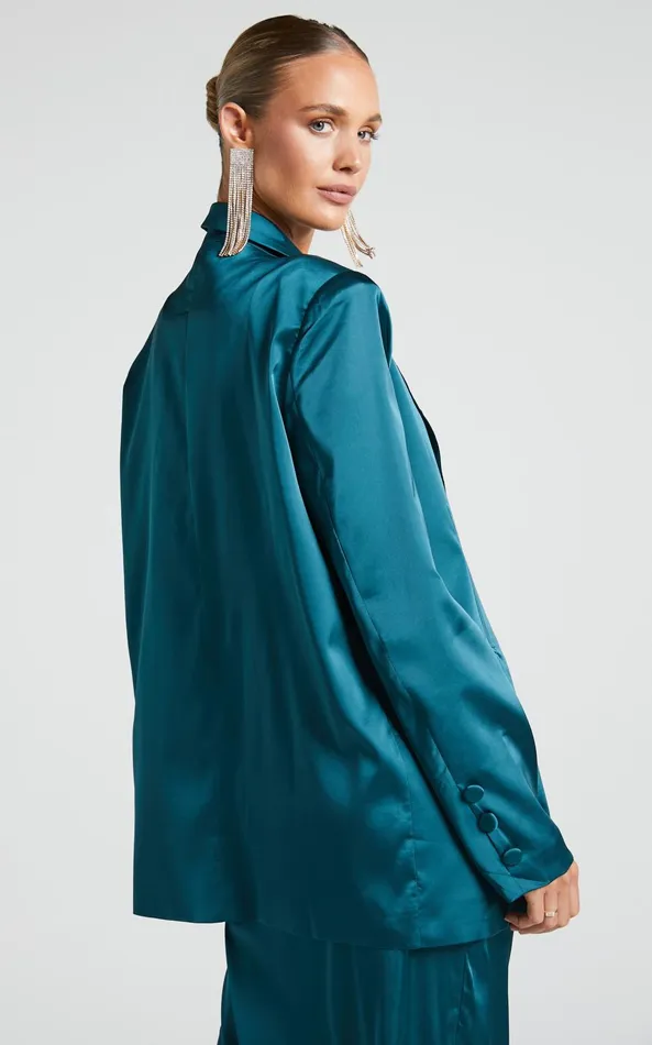 Showpo Hayien Blazer 8211 Single Breasted Longline Satin Blazer In Teal Women Jackets and Coats