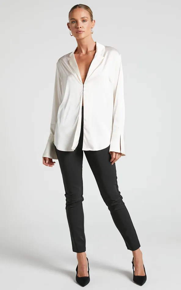 Showpo Hayien Shirt 8211 Long Sleeve Plunge Shirt In Champagne Women Curve Clothes