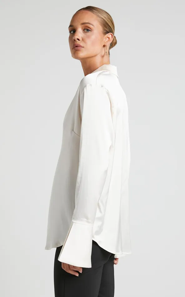 Showpo Hayien Shirt 8211 Long Sleeve Plunge Shirt In Champagne Women Curve Clothes