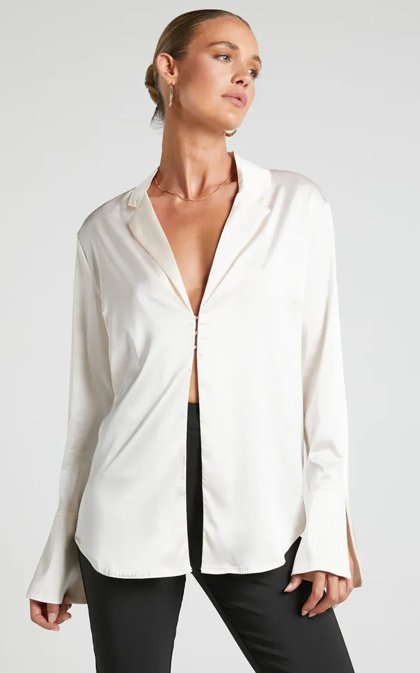 Showpo Hayien Shirt 8211 Long Sleeve Plunge Shirt In Champagne Women Curve Clothes