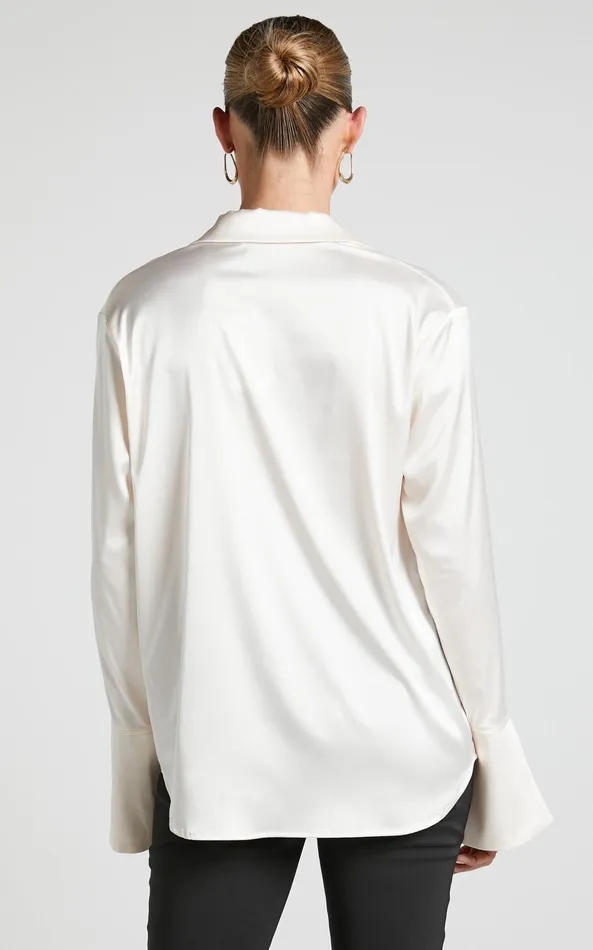 Showpo Hayien Shirt 8211 Long Sleeve Plunge Shirt In Champagne Women Curve Clothes