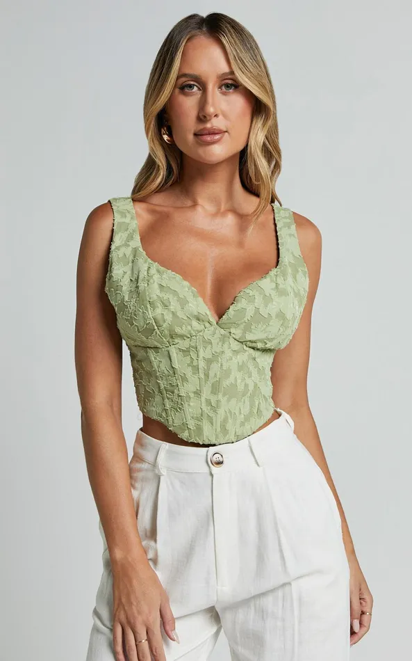 Showpo Haylee Top 8211 Plunge Sweetheart Neck Jacquard Corset Top In Sage Floral Women Tops Showpo Haylee Top 8211 Plunge Sweetheart Neck Jacquard Corset Top In Sage Floral Women Tops