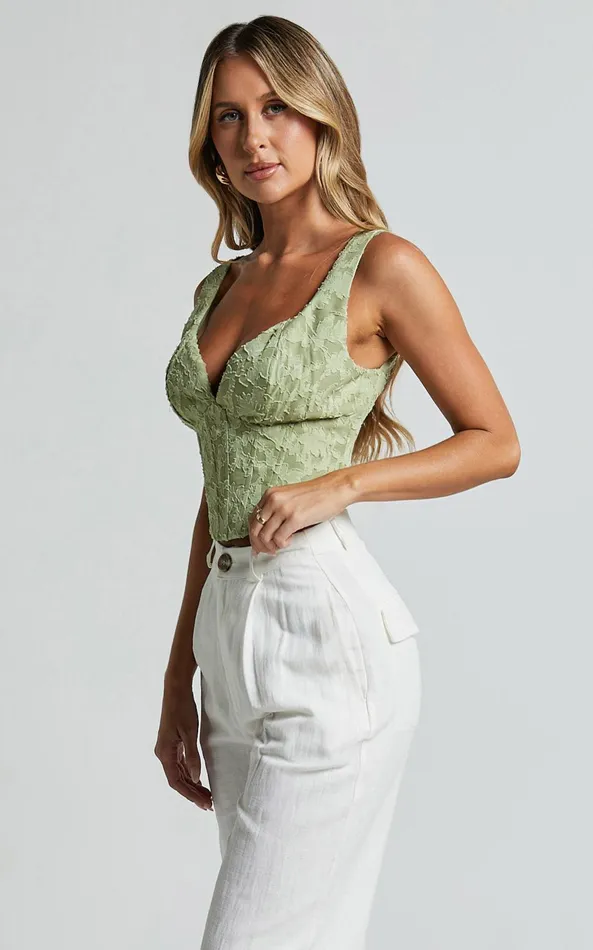 Showpo Haylee Top 8211 Plunge Sweetheart Neck Jacquard Corset Top In Sage Floral Women Tops
