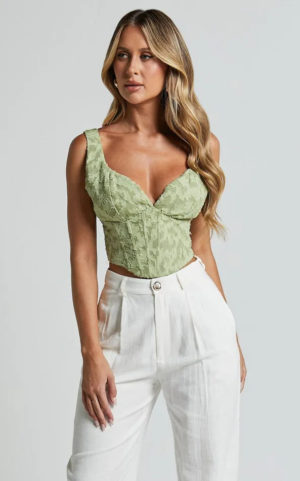 Showpo Haylee Top 8211 Plunge Sweetheart Neck Jacquard Corset Top In Sage Floral Women Tops