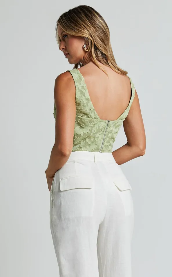 Showpo Haylee Top 8211 Plunge Sweetheart Neck Jacquard Corset Top In Sage Floral Women Tops