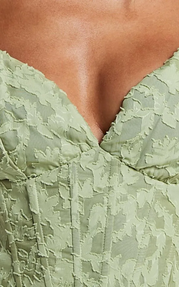 Showpo Haylee Top 8211 Plunge Sweetheart Neck Jacquard Corset Top In Sage Floral Women Tops