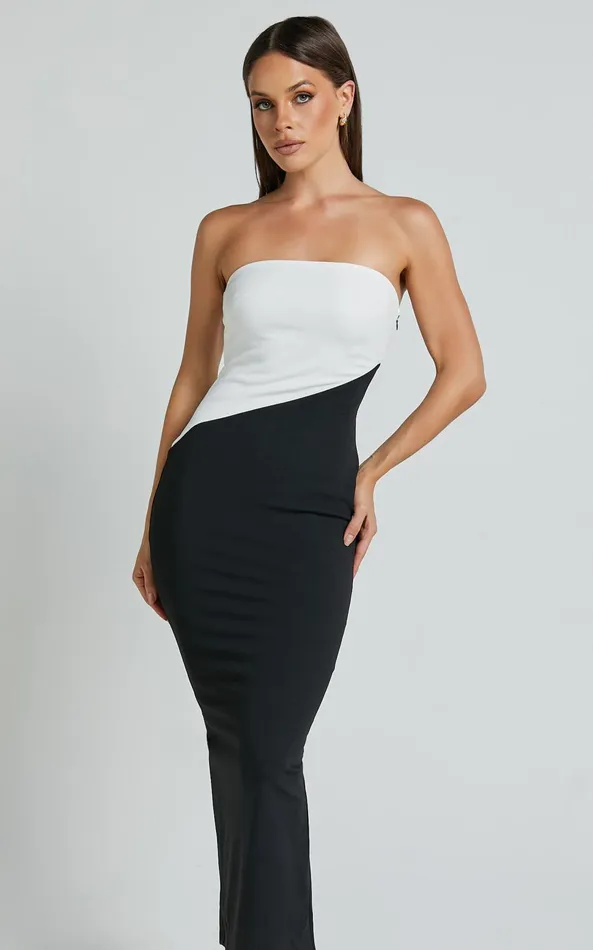 Showpo Hayley Midi Dress 8211 Strapless Bodycon Dress In BlackWhite Women Dresses