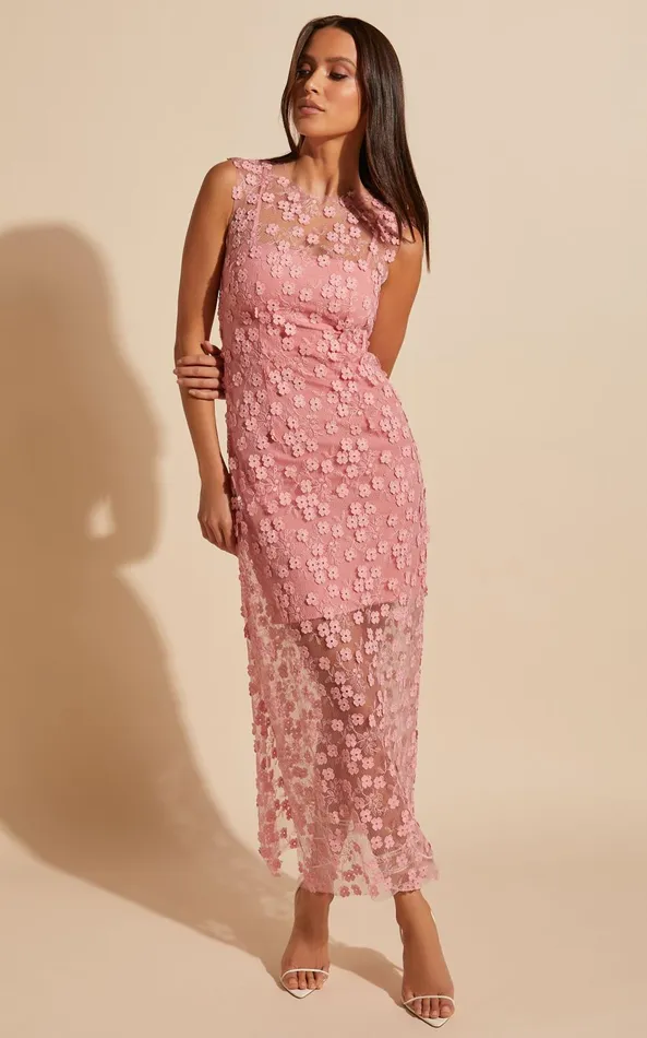 Showpo Hazel Midi Dress 8211 3D Flower Net Bodycon Dress In Pink Women Dresses