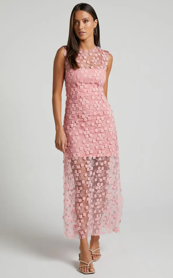 Showpo Hazel Midi Dress 8211 3D Flower Net Bodycon Dress In Pink Women Dresses Showpo Hazel Midi Dress 8211 3D Flower Net Bodycon Dress In Pink Women Dresses