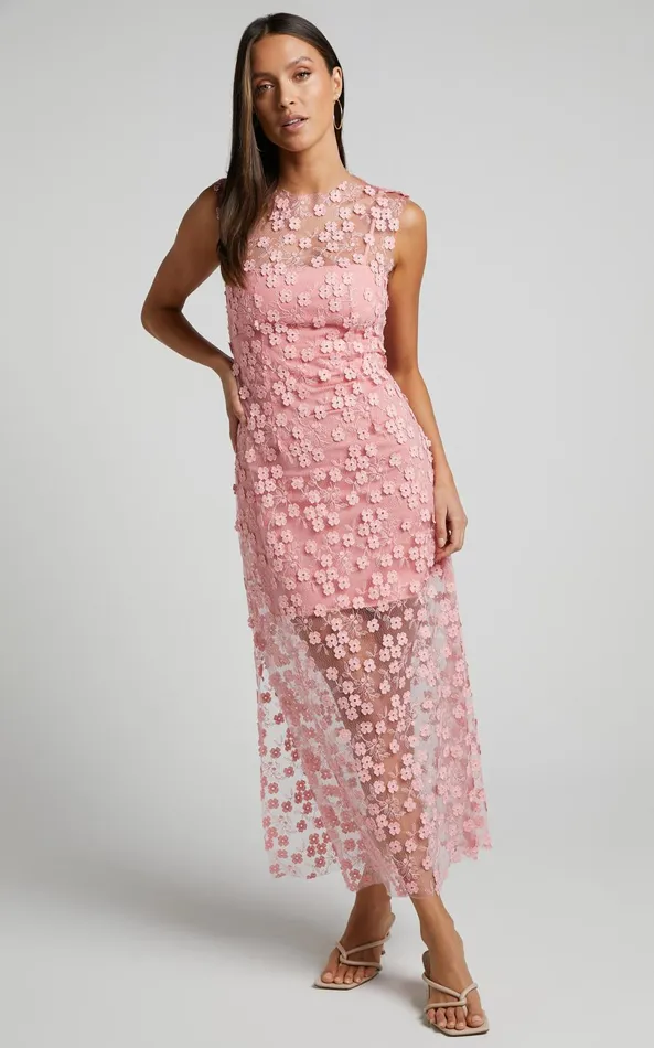 Showpo Hazel Midi Dress 8211 3D Flower Net Bodycon Dress In Pink Women Dresses Showpo Hazel Midi Dress 8211 3D Flower Net Bodycon Dress In Pink Women Dresses