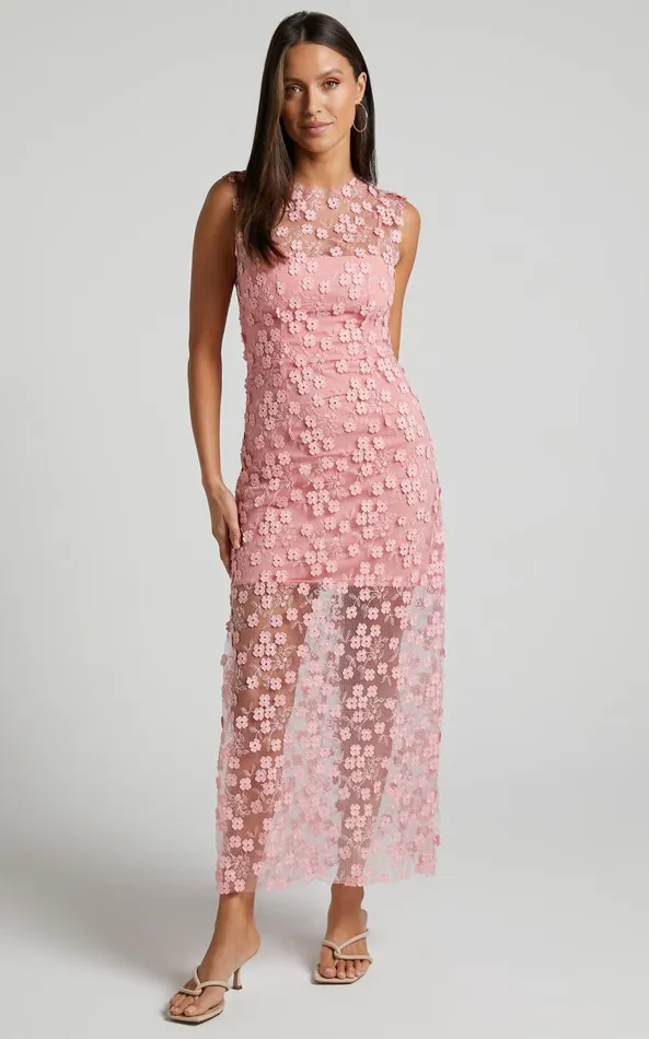 Showpo Hazel Midi Dress 8211 3D Flower Net Bodycon Dress In Pink Women Dresses Showpo Hazel Midi Dress 8211 3D Flower Net Bodycon Dress In Pink Women Dresses