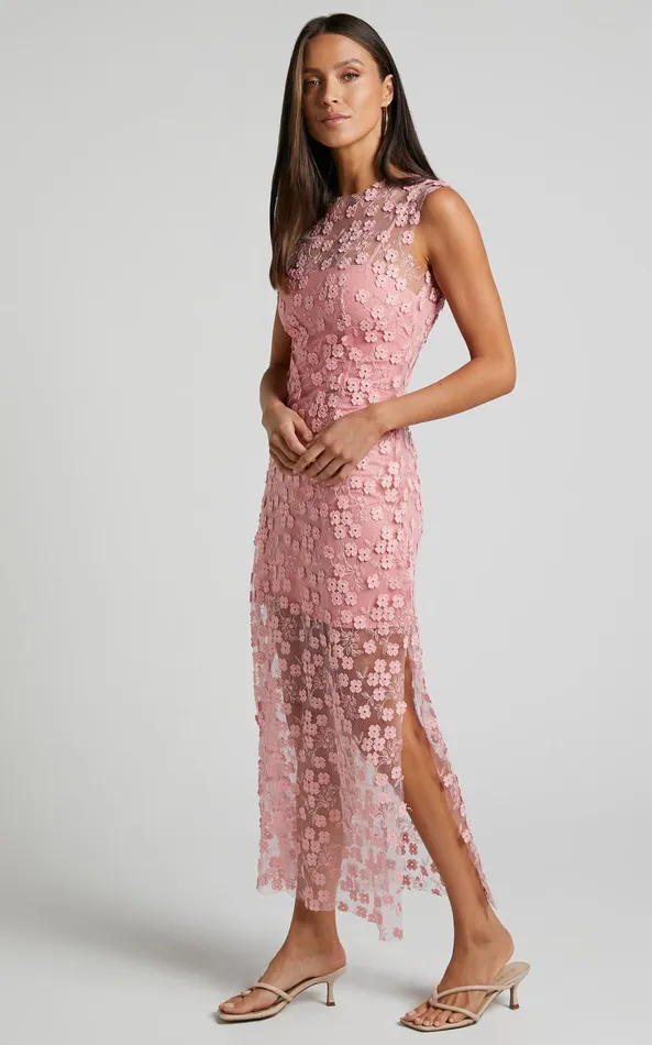 Showpo Hazel Midi Dress 8211 3D Flower Net Bodycon Dress In Pink Women Dresses Showpo Hazel Midi Dress 8211 3D Flower Net Bodycon Dress In Pink Women Dresses