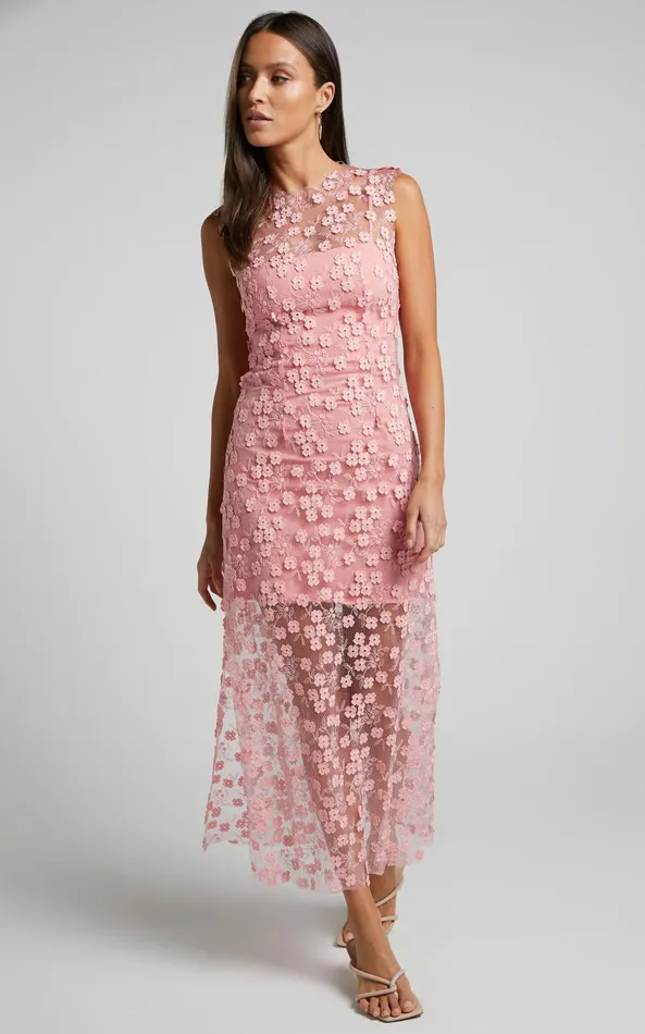 Showpo Hazel Midi Dress 8211 3D Flower Net Bodycon Dress In Pink Women Dresses Showpo Hazel Midi Dress 8211 3D Flower Net Bodycon Dress In Pink Women Dresses